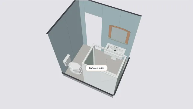 Baño en 3D en ReformaTú, con plato de ducha, inodoro, mueble de lavabo y paredes alicatadas