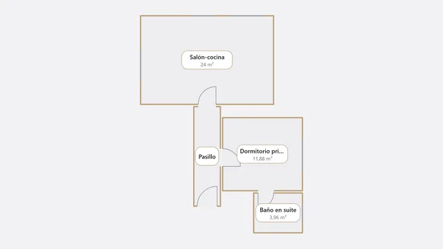 Plano de una vivienda en ReformaTú, con el pasillo, el salón-cocina, el dormitorio y el baño unidos por sus puertas